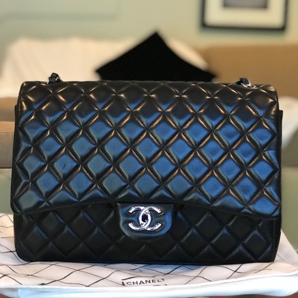 CHANEL Handbags - CHANEL MAXI CLASSIC DOUBLE FLAP BAG/BLACK LAMBSKIN